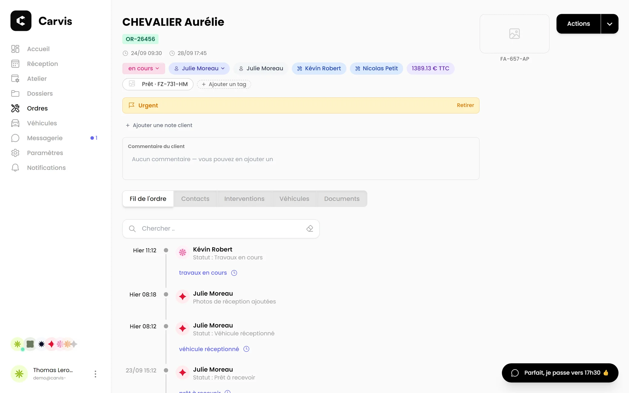 Un ordre de réparation : statut, assignés, véhicule de prêt, fil de l'ordre.