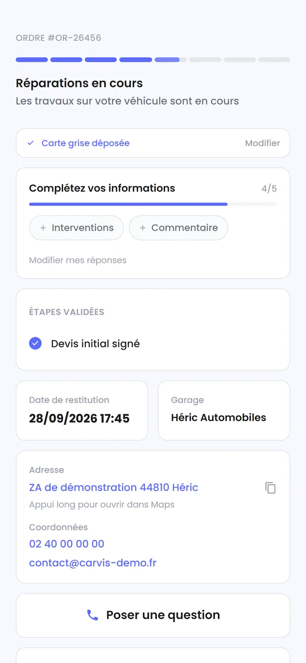 Page de suivi client sur téléphone