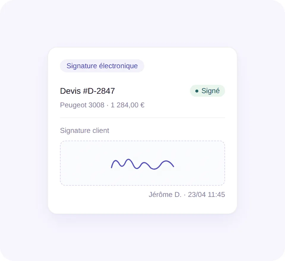 Signature électronique : devis signé par le client.